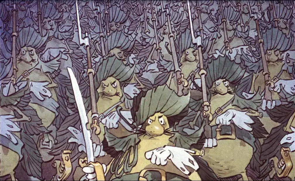 Ilustrație cu o armată de personaje fantomatice, fiecare purtând o uniformă similară, cu pălării mari și arme, îndreptate către privitor.