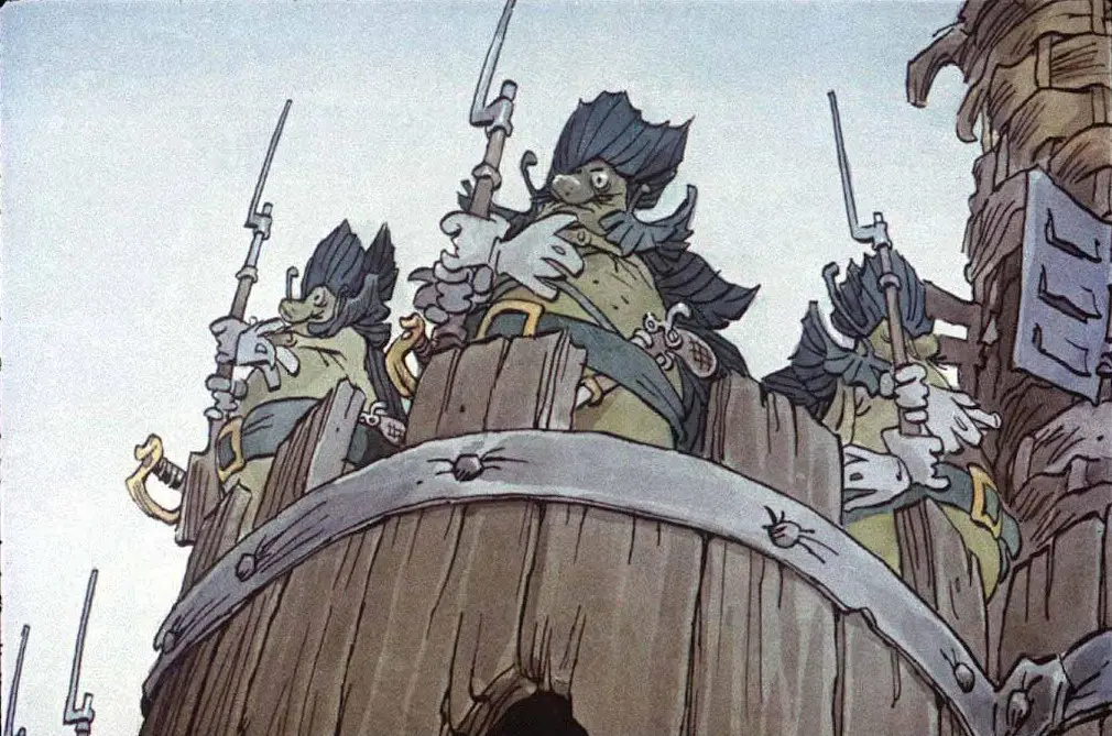 Ilustrație animată cu trei personaje de tip pirat, fiecare purtând uniforme de marină, stând pe o platformă din lemn și ținând arme. Fundalul este deschis, cu un cer luminos.