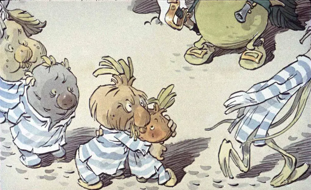 Un personaj animat, rotund, cu o expresie faciala confuza, imbracat in haine cu detalii scumpe, stand intr-un peisaj simplist.