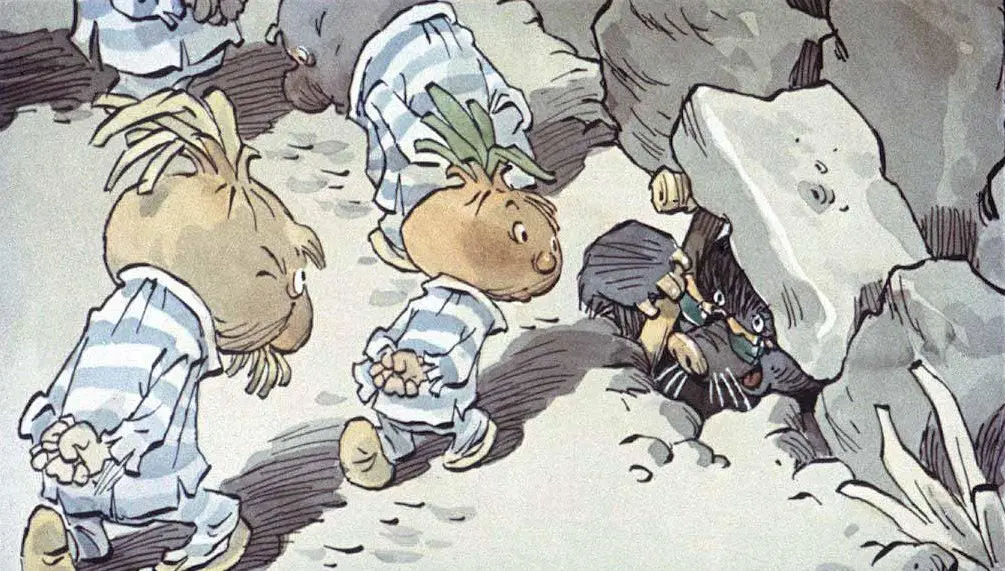 Ilustrație animată cu personaje de legume care poartă pijamale, explorând un peisaj stâncos.