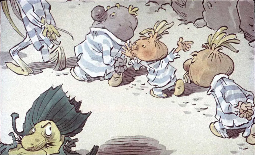 Ilustrație animată cu personaje drăguțe îmbrăcate în pijamale, plimbându-se pe un peisaj de nisip.