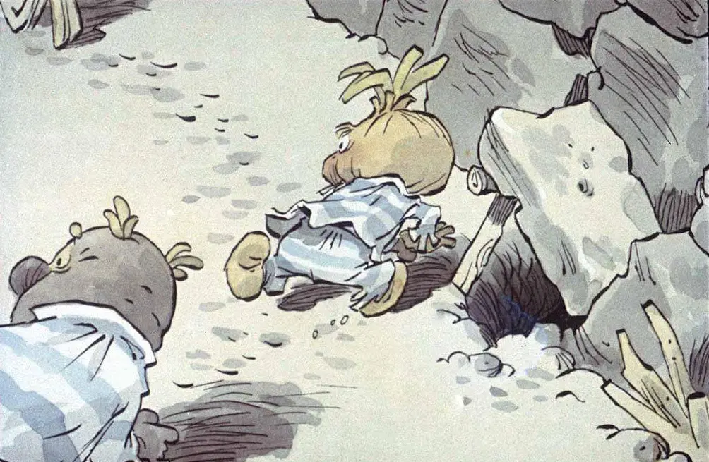 Ilustrație animată cu rădăcini de legume spionându-se, îmbrăcate în uniforme de prizonieri, într-un peisaj rocky.