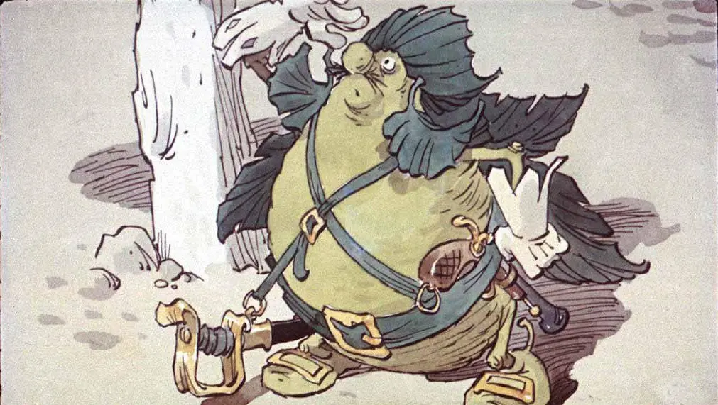 Ilustrație animată a unui personaj fictiv cu trăsături neobișnuite, purtând o vestimentație neagră și accesorii, prezentând o expresie comică.