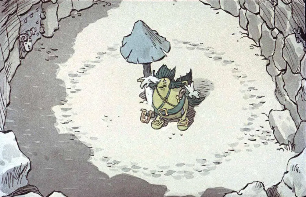 O scenă animată cu un personaj central purtând o fernză și o pălărie, stând sub un copac mic într-o zonă cercuită de stânci.