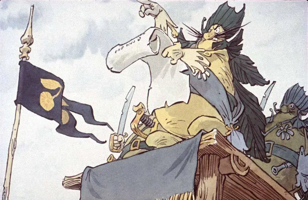 O scenă dintr-o animație cu un personaj fantastic, îmbrăcat cu o pălărie mare, care ține un sul de pergament și o sabie, stând pe un fel de fortificație, cu un steag în fundal.