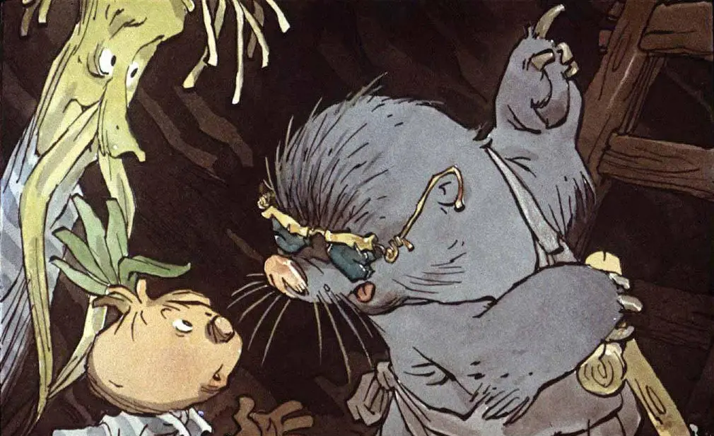 Imagine animată cu trei personaje în diverse costume și expresii, prezentate într-un decor de poveste.