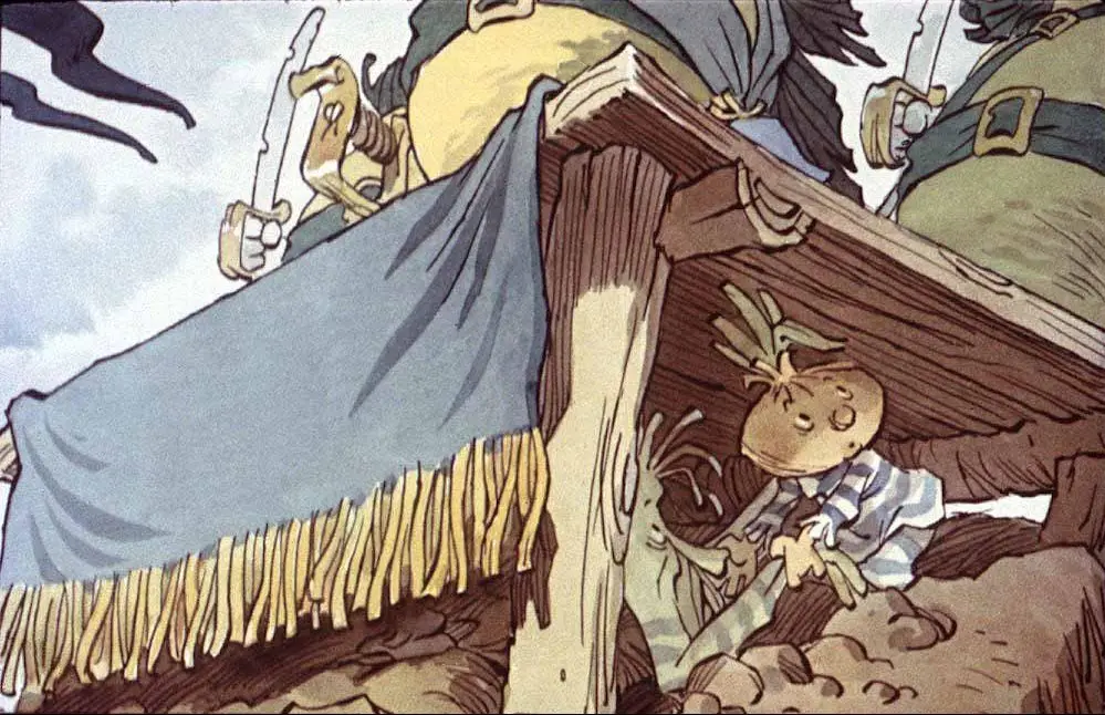 Ilustrație animată cu personaje fantastice pe o scenă, incluzând o păpușă și diverse detalii de fundal.