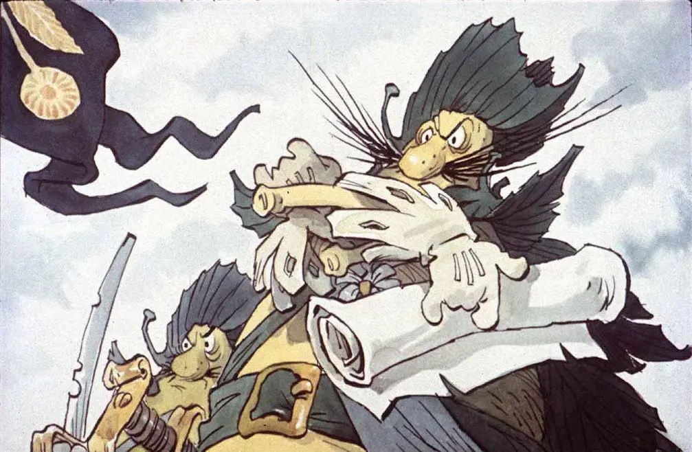 Imagine animată cu personaje fictive, incluzând personaje cu trăsături distincte, îmbrăcate în haine vechi și ținând un pergament.