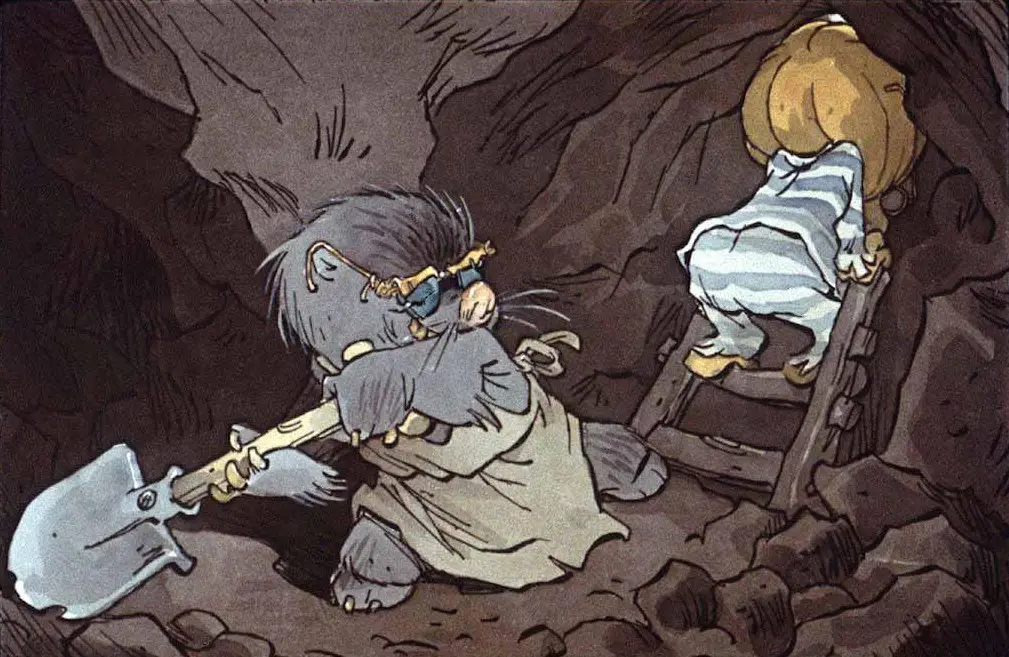 Ilustrație animată cu un animal săpând într-o peșteră, purtând ochelari și o haină, în timp ce o fetiță cu părul lung urcă pe o scară.