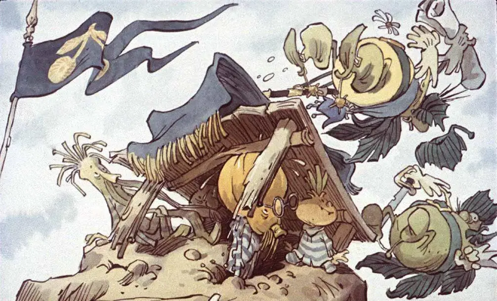 Ilustrație colorată cu personaje fantastice adăpostindu-se sub o structură de lemn, înconjurate de elemente de fundal, cum ar fi steaguri și flori.