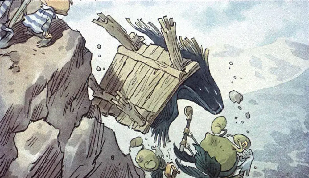 Ilustrație animată cu o scenă pe marginea unei stânci, în care un cal negru și o căruță din lemn cad în apă, iar câțiva creaturi verzi privesc de pe mal.