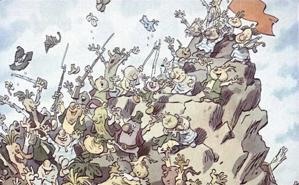 Imagine care prezintă un grup de personaje caricaturale sărbătorind pe o stâncă, ridicând brațele în aer și ținând diverse obiecte.