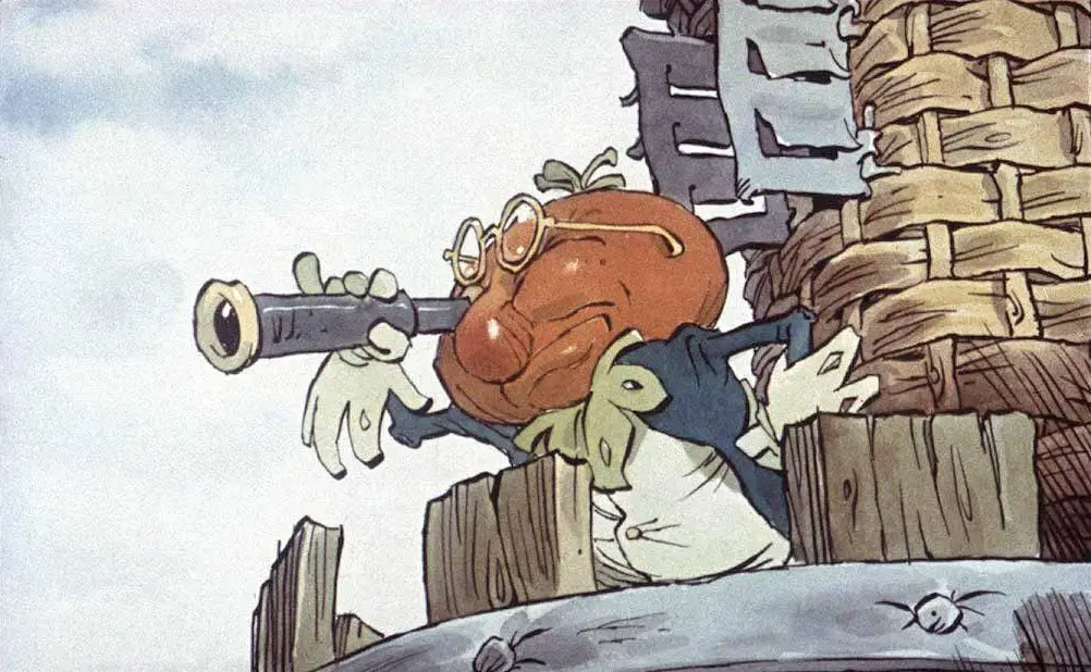 Un personaj animat cu o formă de legumă, purtând o mică telescop și având o expresie vigilentă, este așezat pe un zid de lemn, cu un fundal de cer senin.