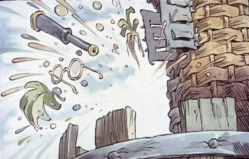 O ilustrație animată care prezintă un pistol și ochelari zburând prin aer, înconjurați de nori și particule.