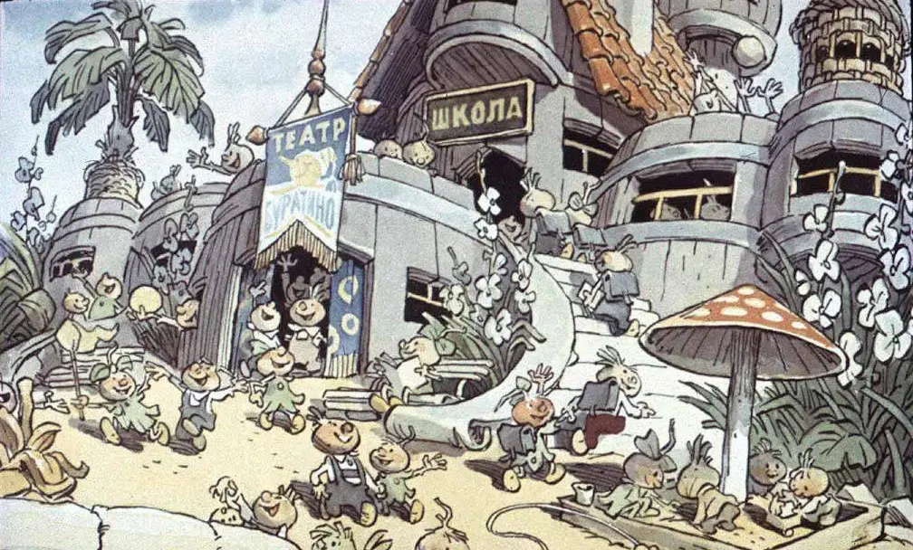 Ilustrație animată cu personaje de poveste într-un cadru de educație și divertisment.