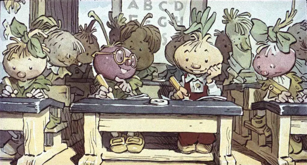 Imagine cu Cipollino la scoala inconjurat de alte legume personificate