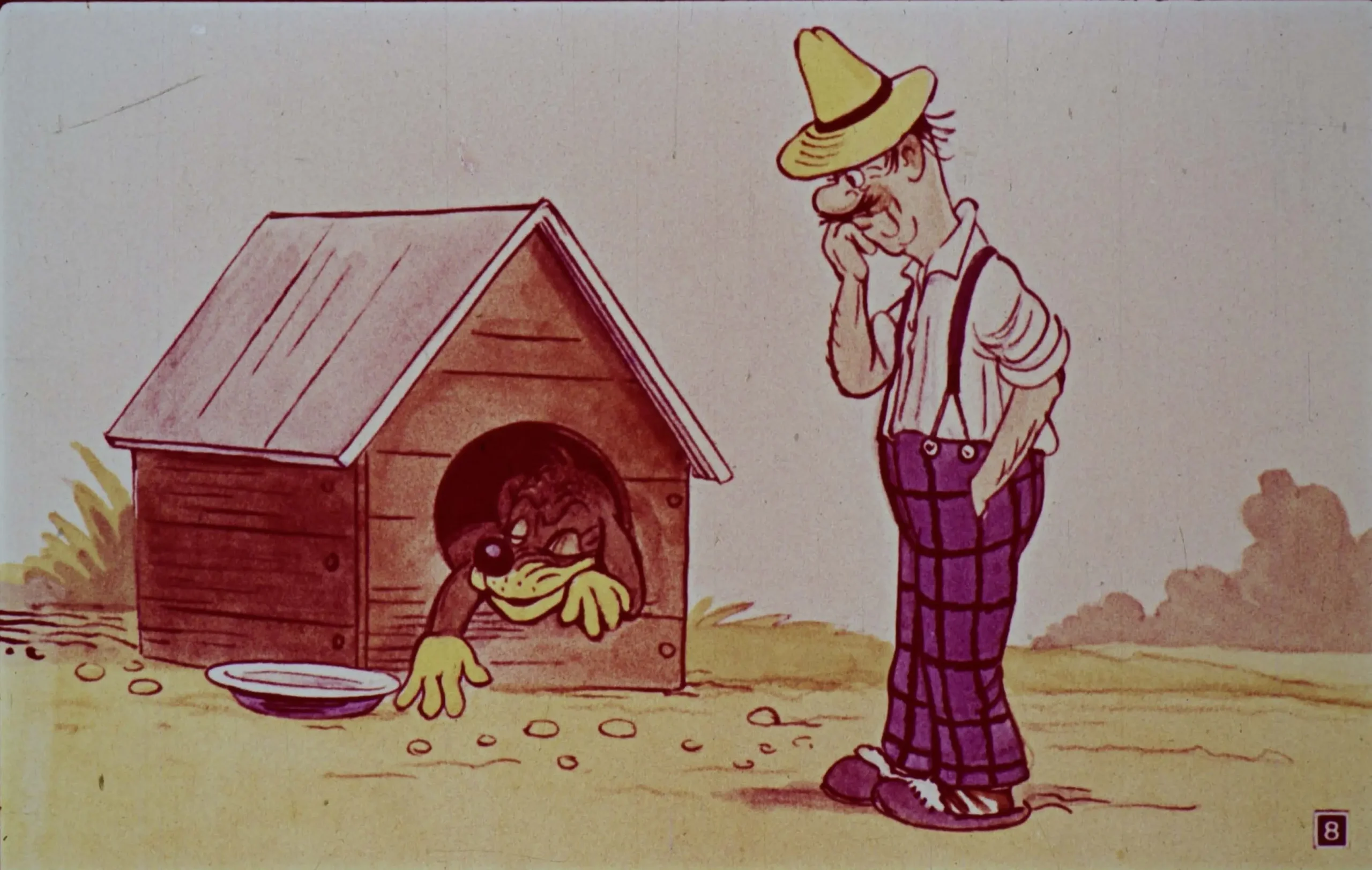 Ilustrație care prezintă un bărbat cu pălărie galbenă, stând lângă o căsuță pentru câini, în care un câine sălbatic privește afară.