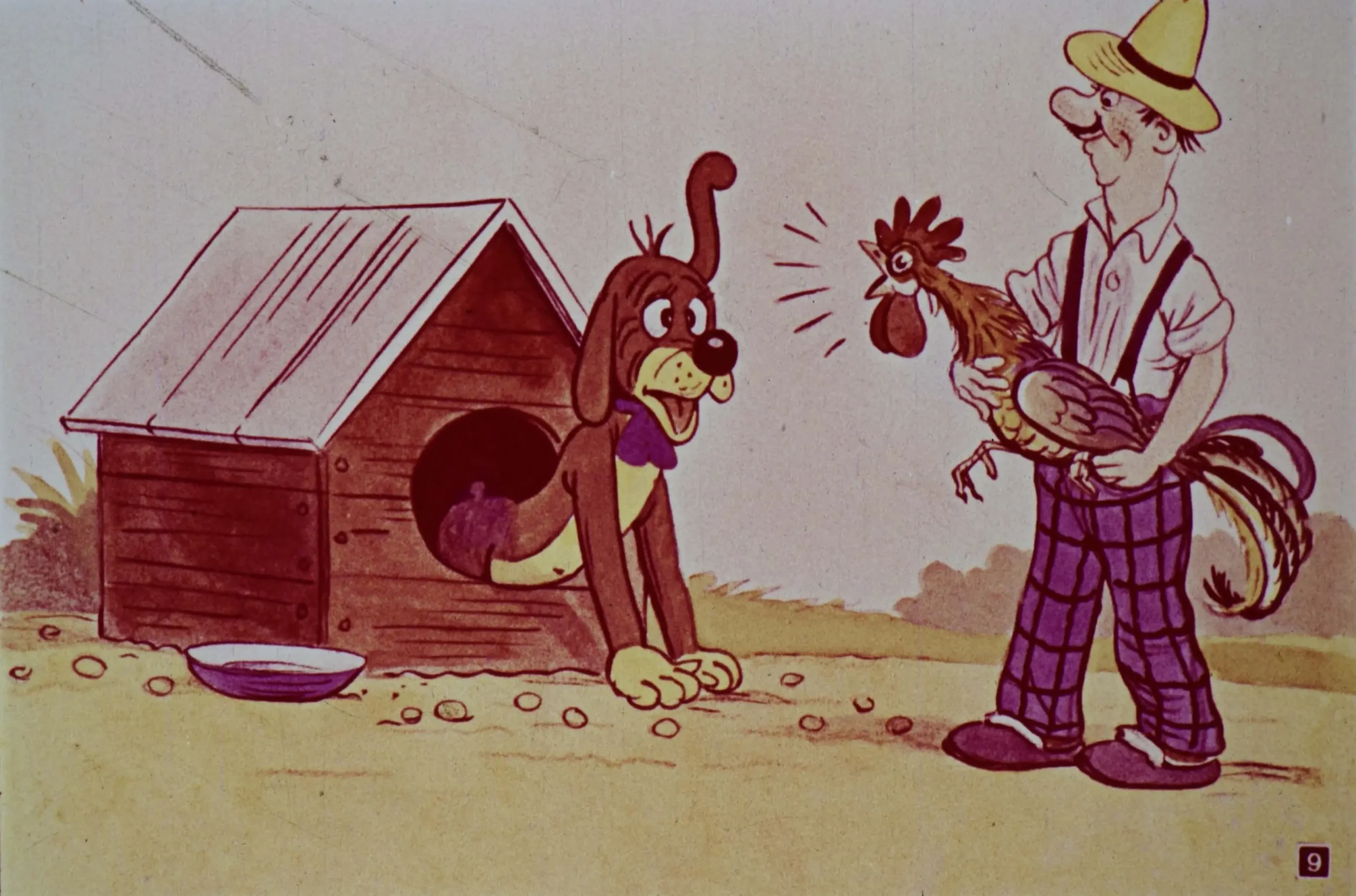 A dog looking surprised at a man holding a rooster in front of a doghouse.