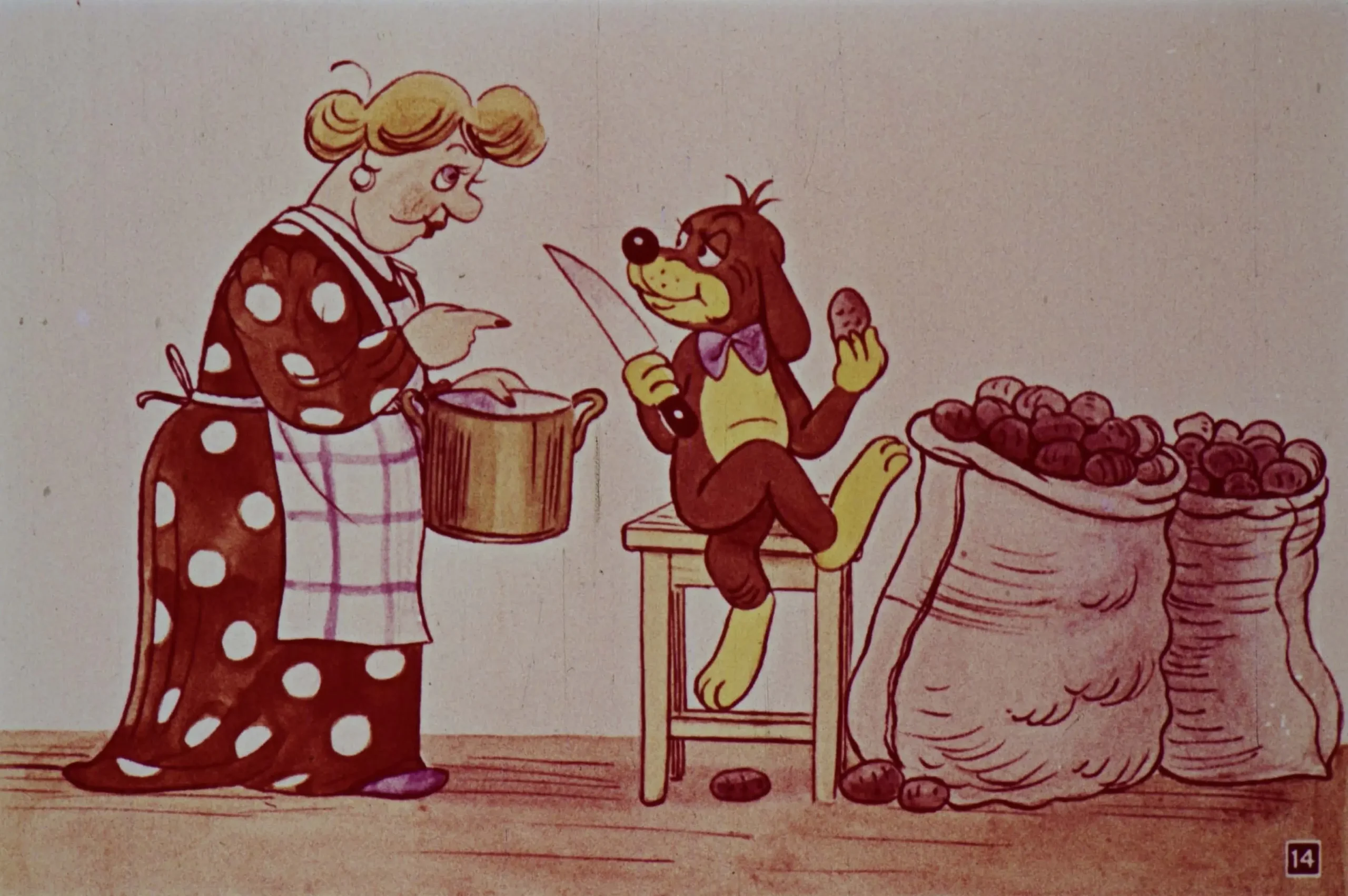 Ilustrație cu o femeie și un câine, femeia ține o lingură și privește câinele care stă pe un scaun, lângă un borcan și saci cu cartofi.