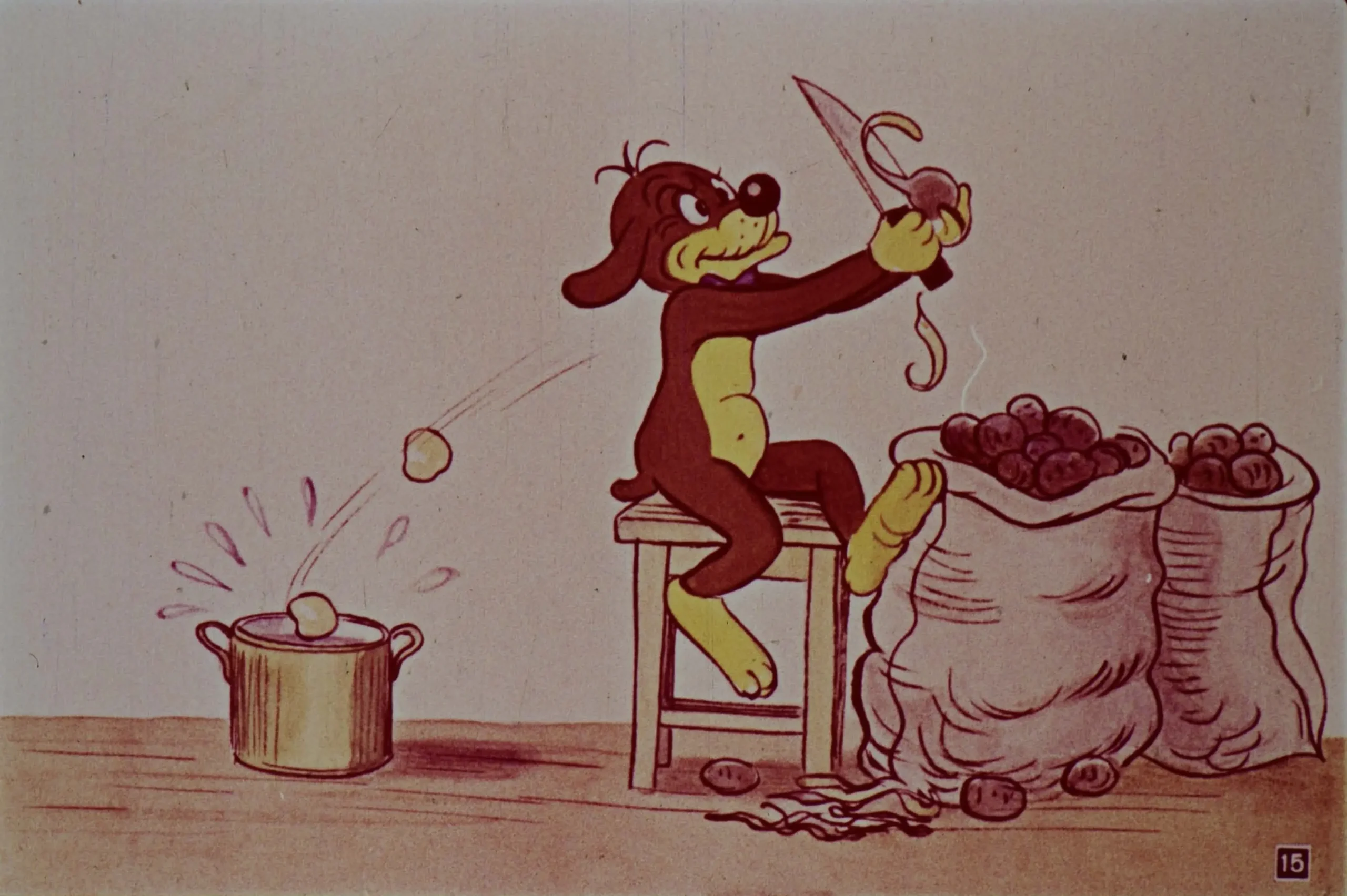 Un câine animat stă pe un scaun, tăind legume cu un cuțit, în timp ce o minge este aruncată într-o oală.