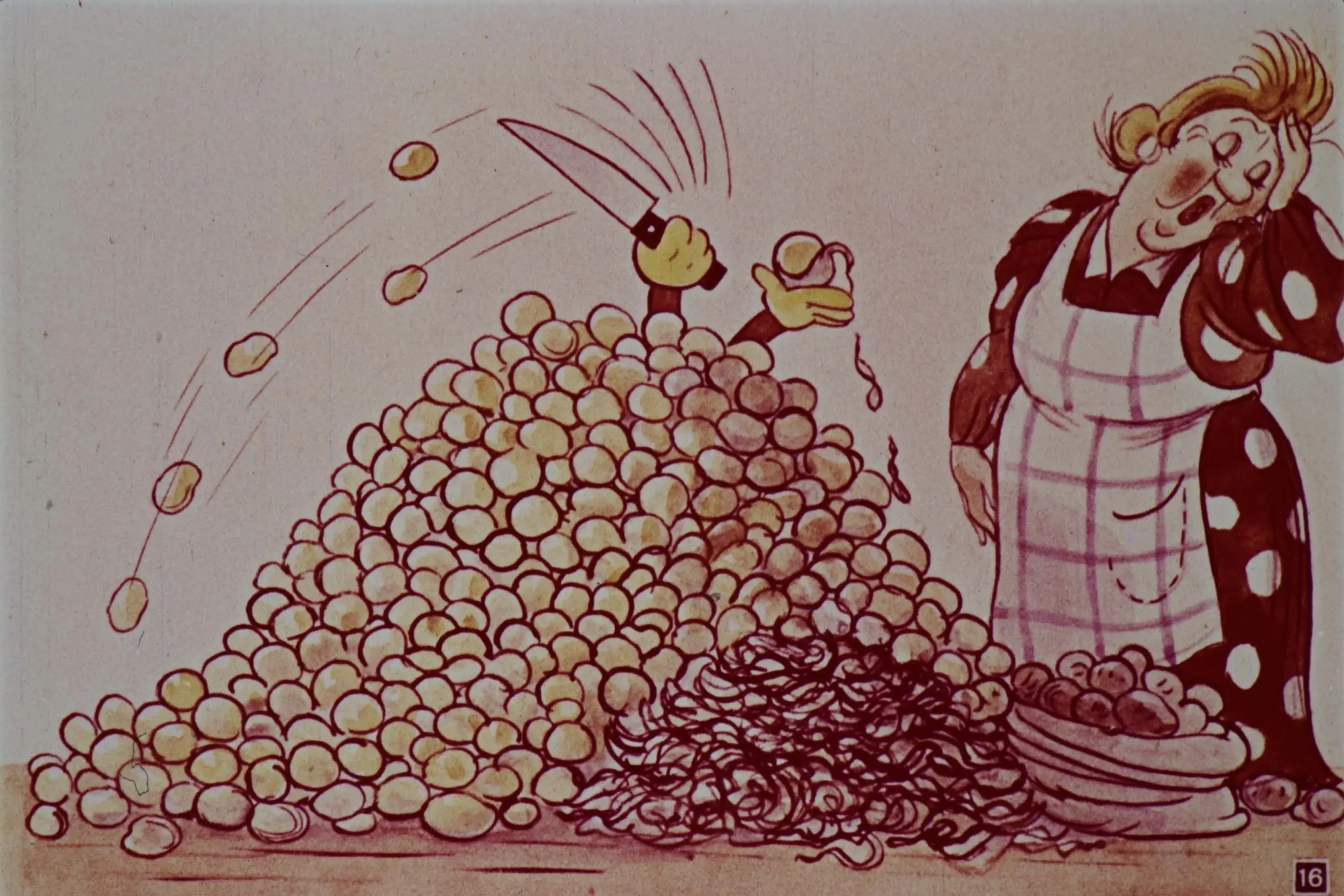 O ilustrație care prezintă un personaj cu oile și un altul cu o expresie de exasperare, înconjurați de o mulțime de ouă.