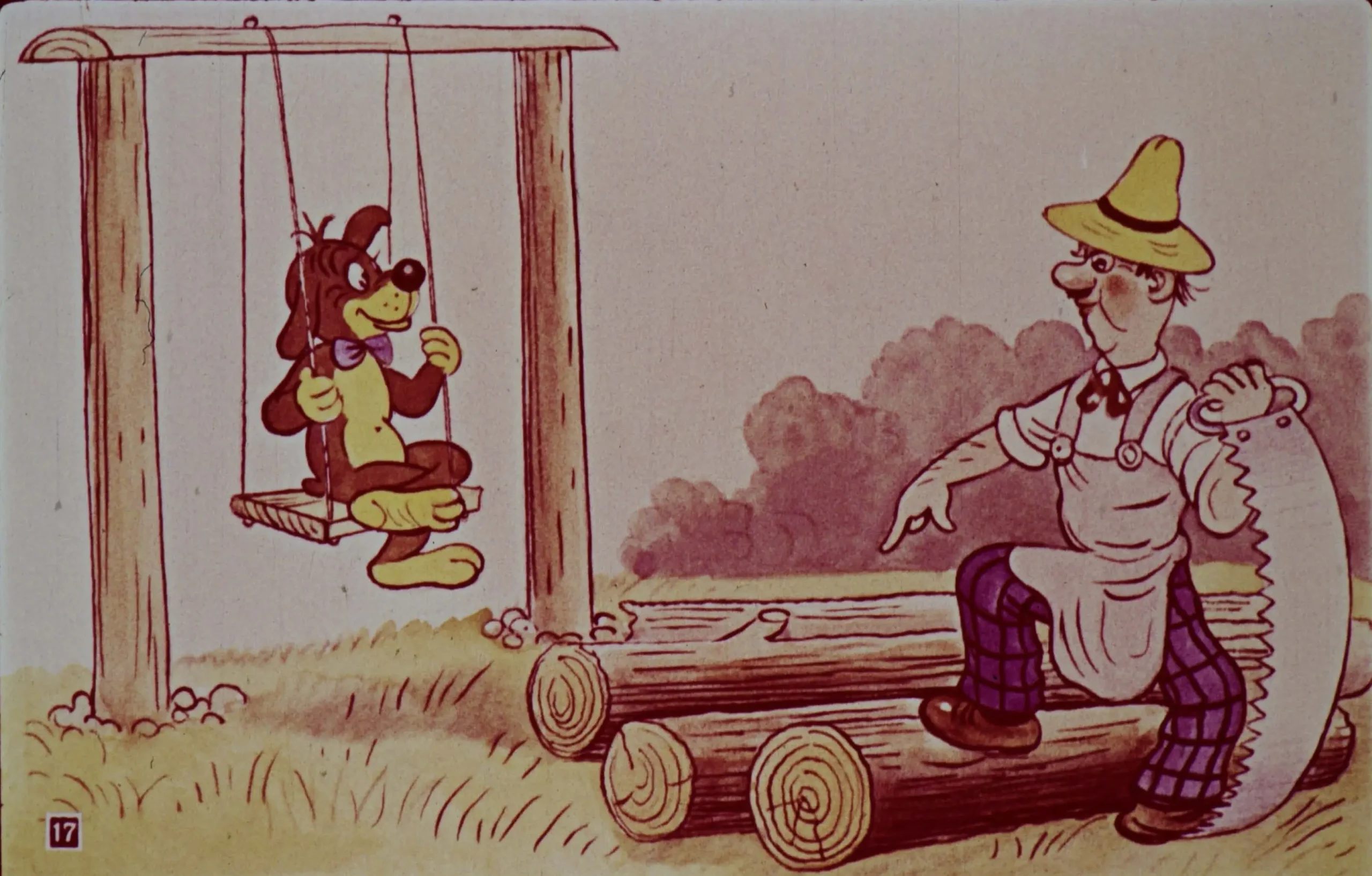 Ilustrație cu un câine pe leagăn și un bărbat cu o saică pe un teanc de bușteni.