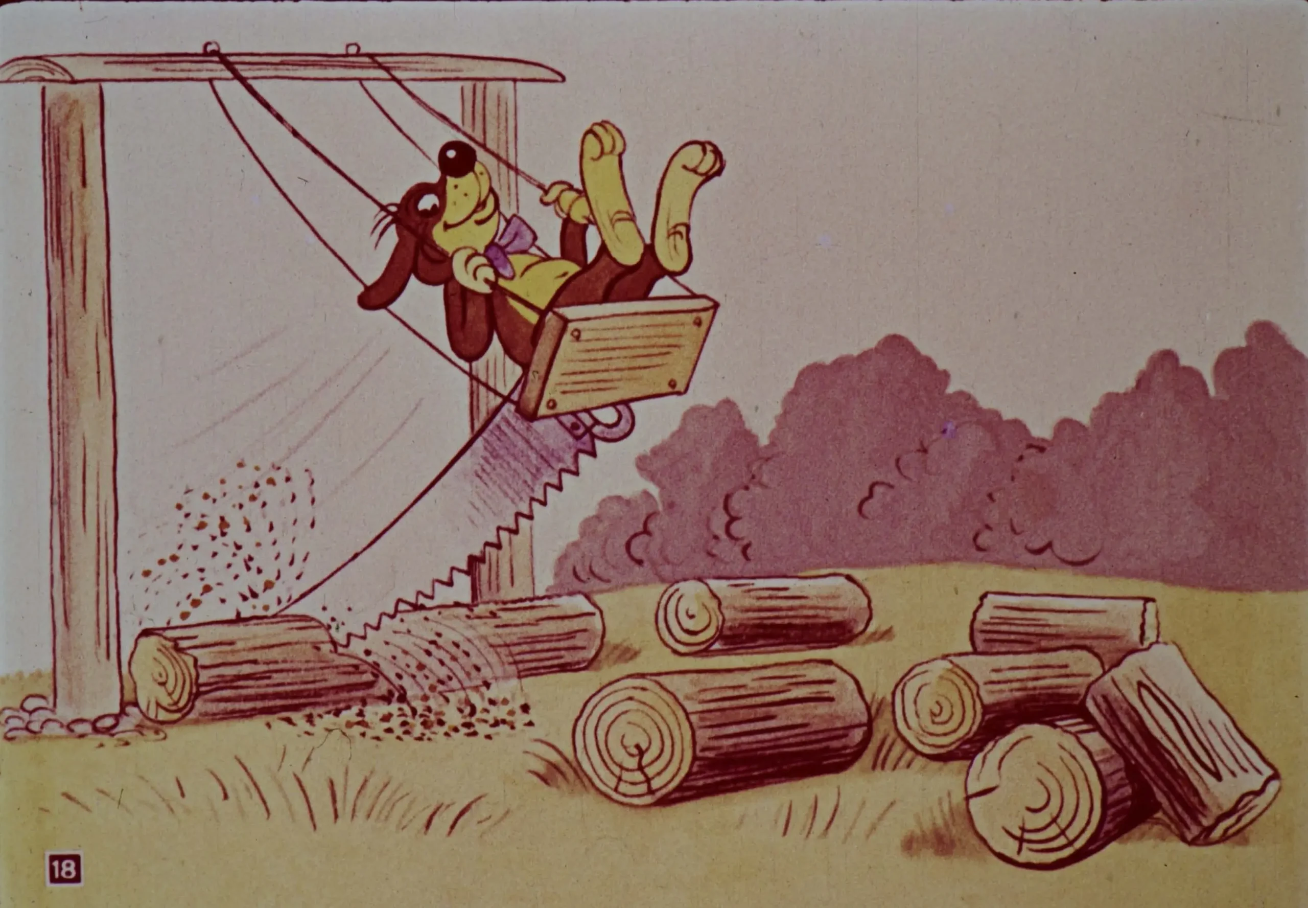 Ilustrație cu un câine care se relaxează într-o căsuță suspendată, lângă o drujbă și bușteni, într-un peisaj natural.