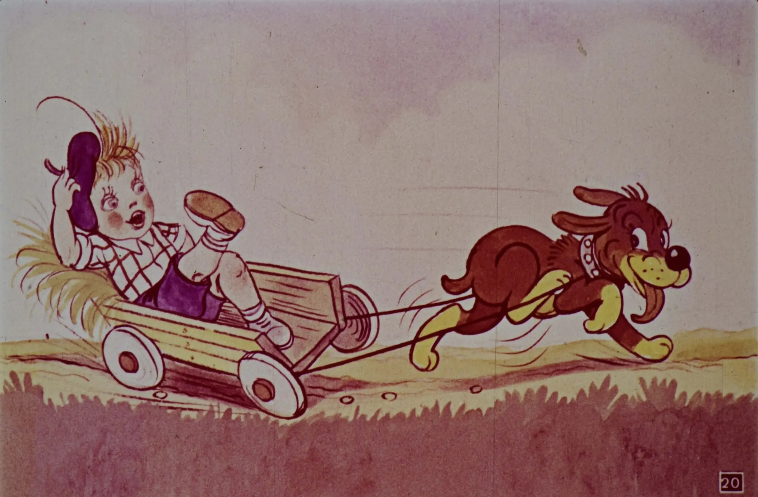 Ilustrație animată cu un copil pe o căruță trasă de un câine.