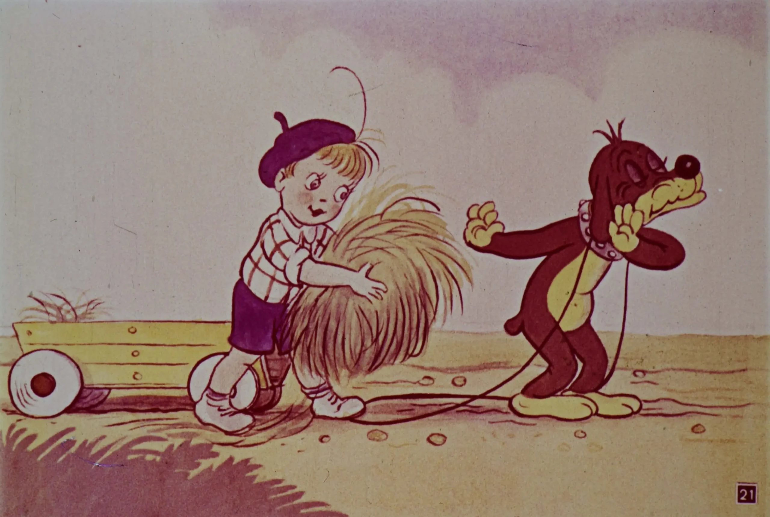 Un băiat cu pălărie și un câine caricatural într-o scenă de desen animat, unde băiatul trage un cărucior și are o bucată de fân.