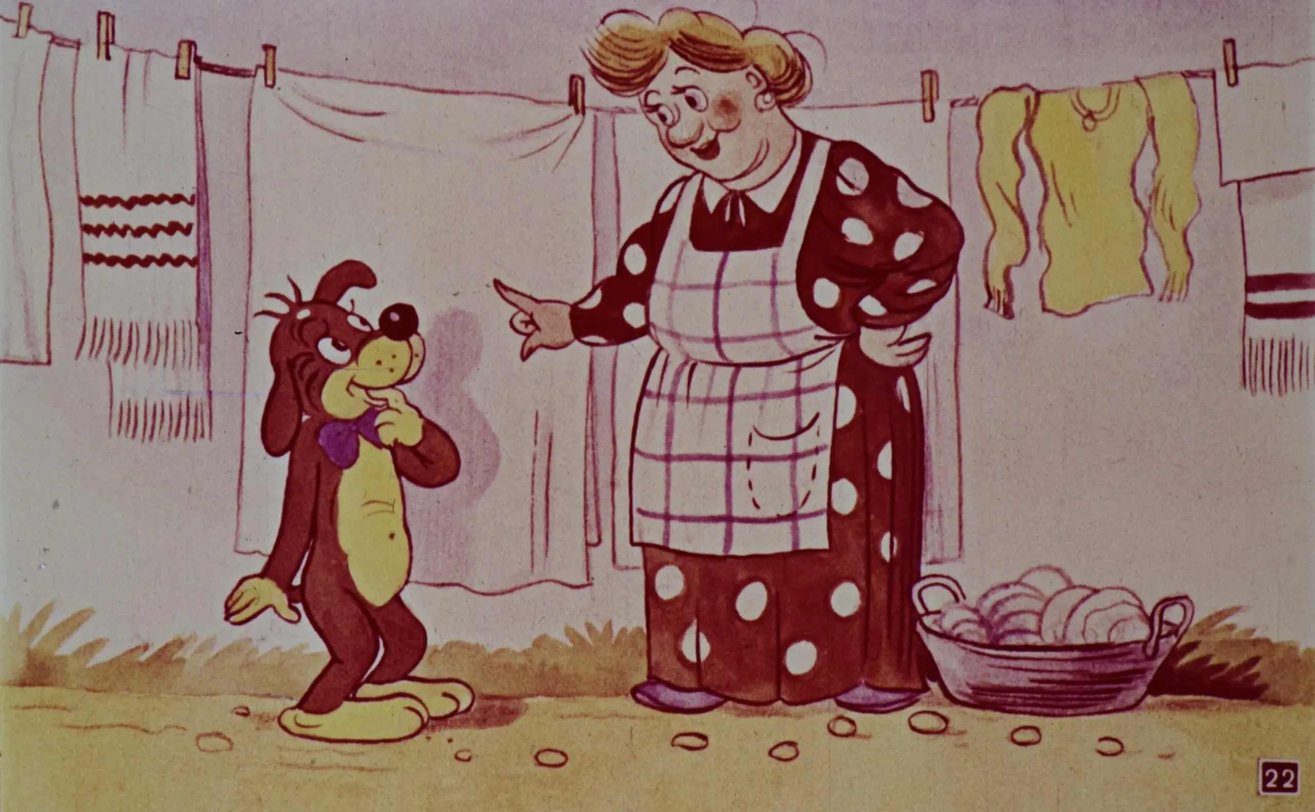 Ilustrație cu un câine și o femeie care discută în fața unor rufe întinse.