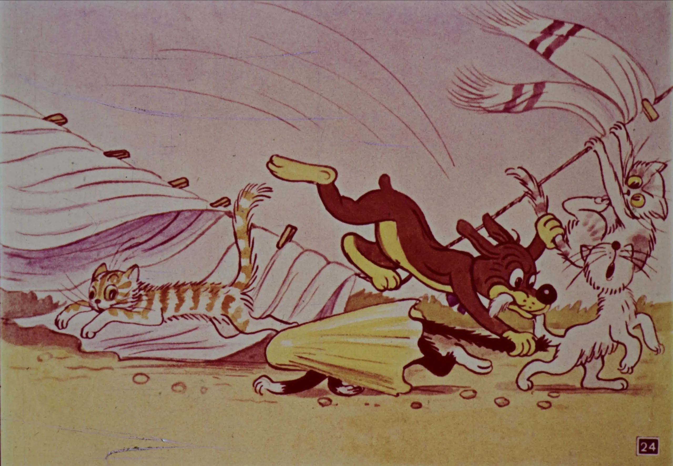 Ilustrație animată cu un câine și mai multe animale dezordonate în mijlocul unei scene de haos.