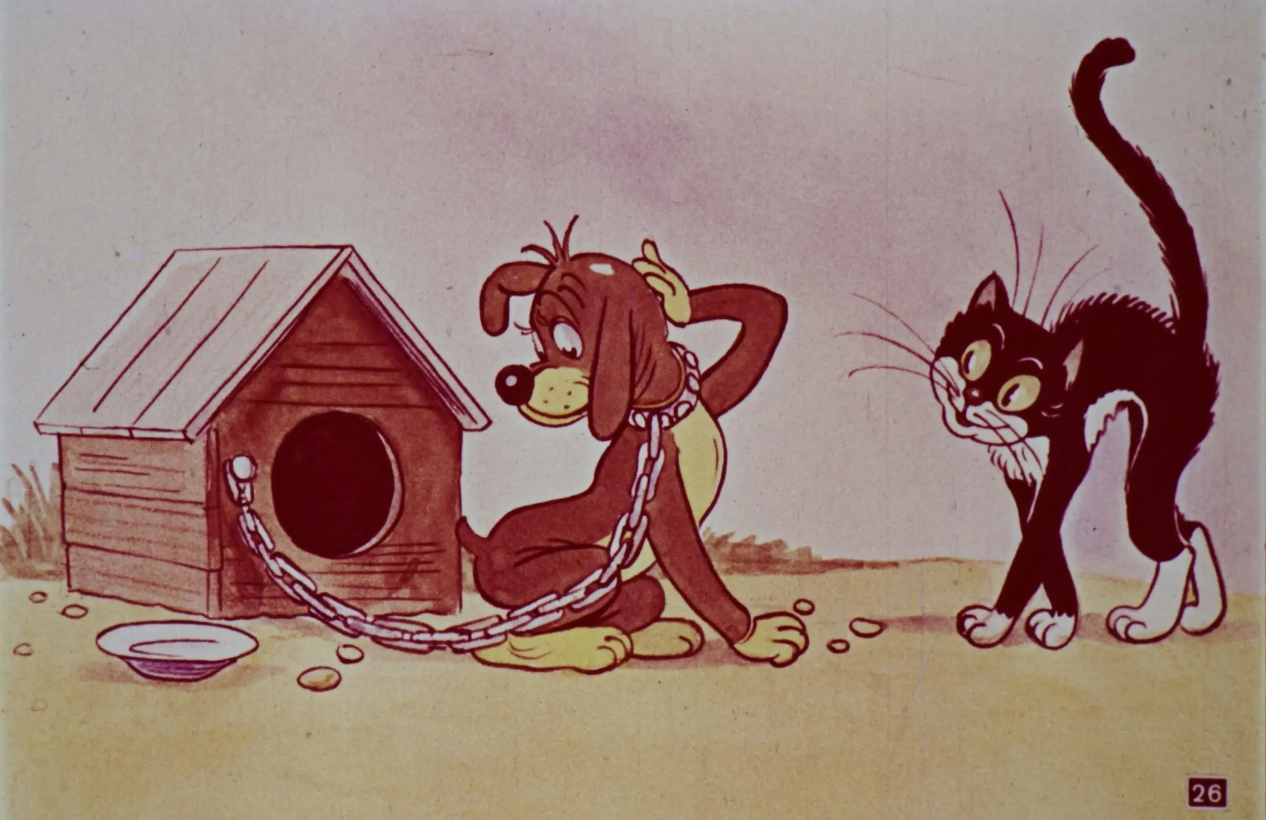 Ilustrație de animație cu un câine legat de o cușcă și un pisoi, evidențiind interacțiunea dintre cele două personaje.