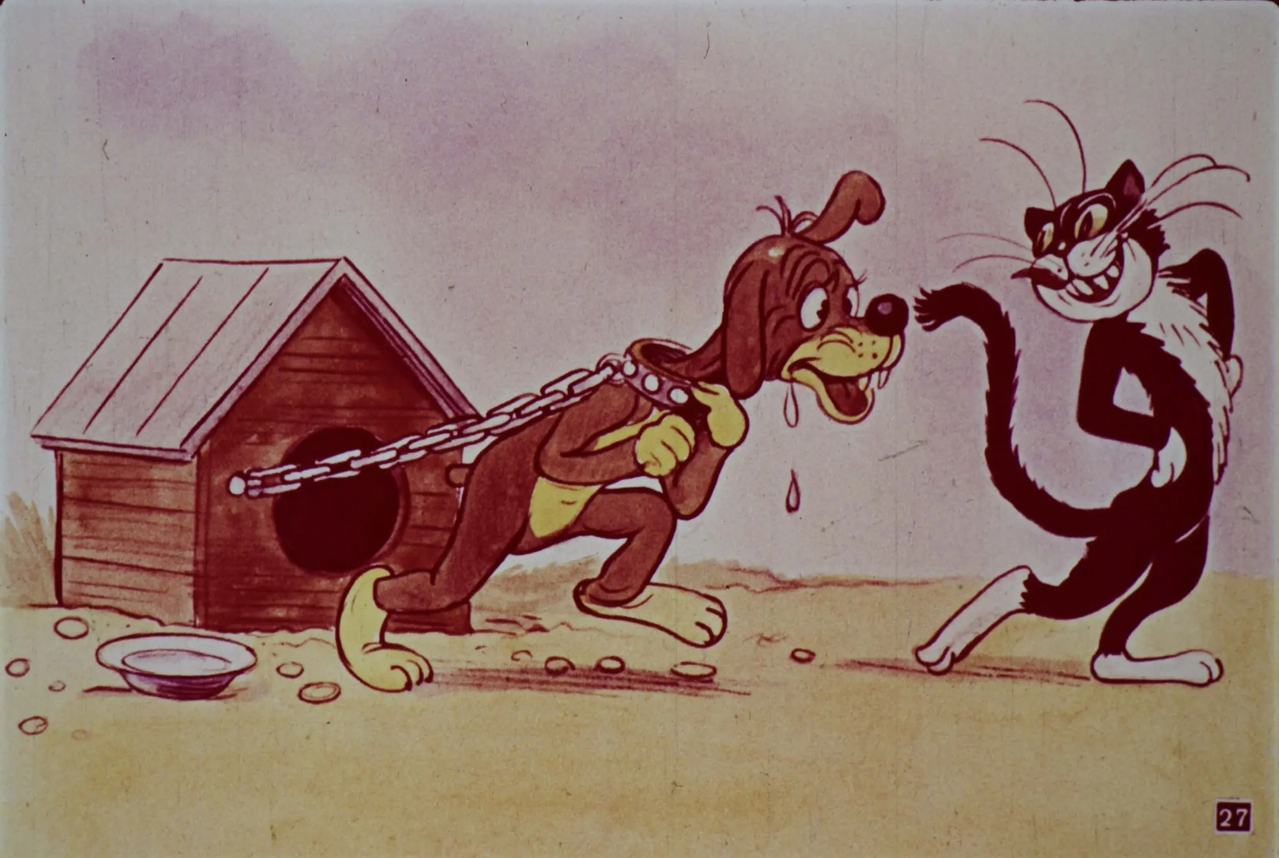 Ilustrație cu un câine legat la cușcă și o pisică care interacționează cu acesta.