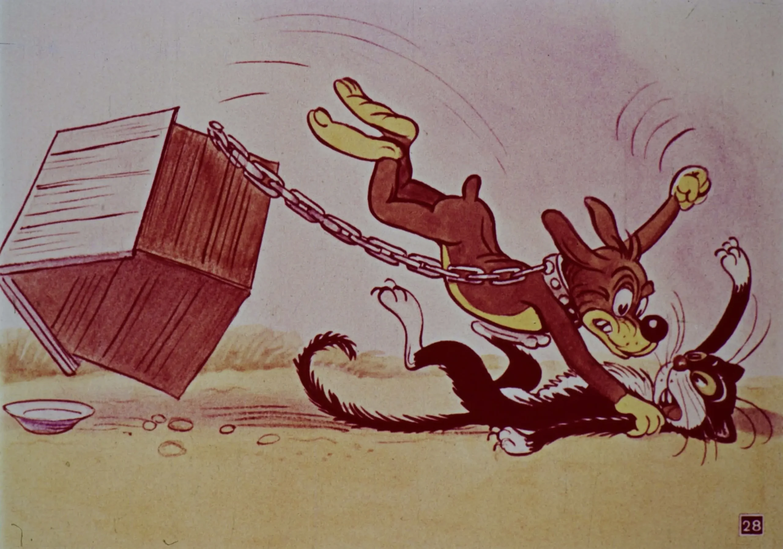 O scenă animată cu un câine care se zbate legat de o cușcă și un pisoi care se luptă cu el.