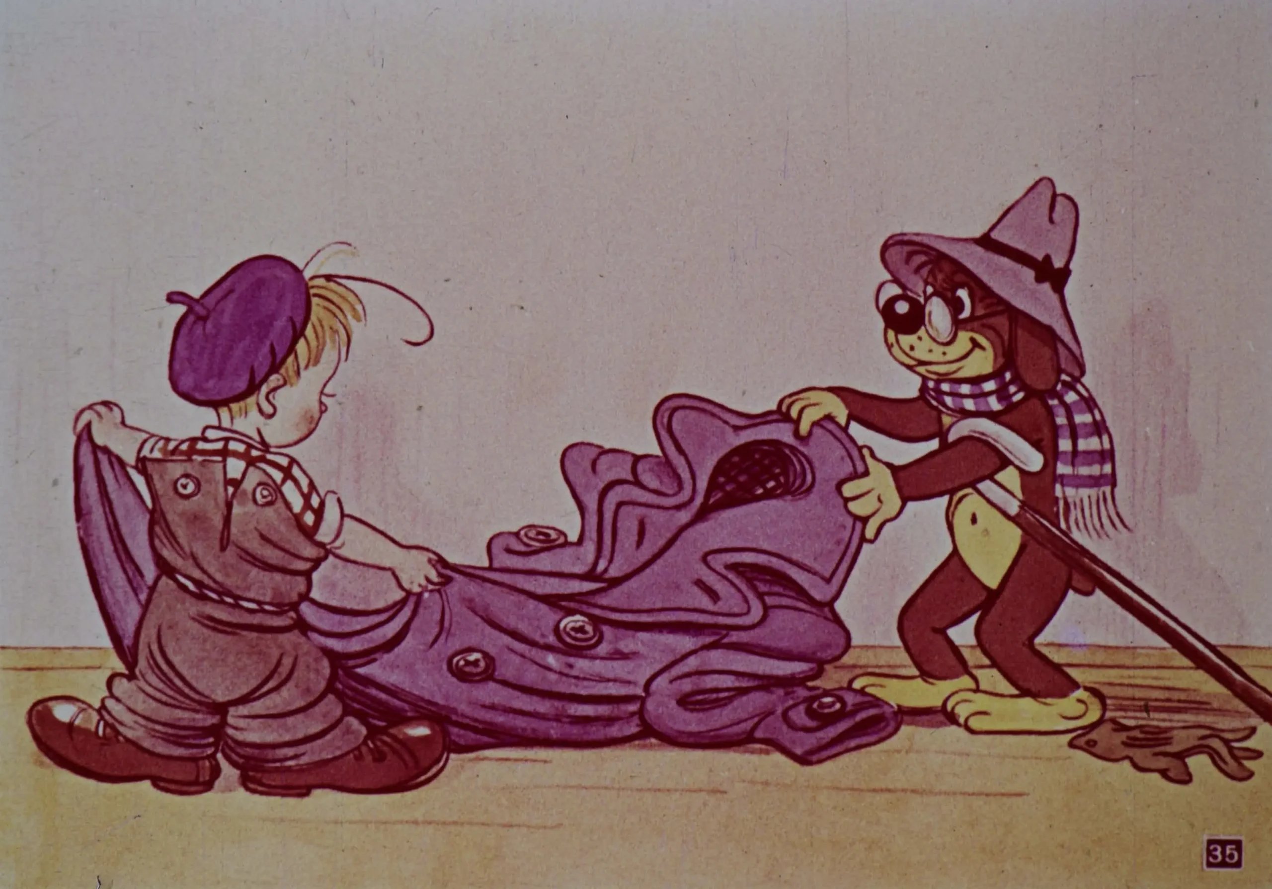 Ilustrație colorată cu un copil și un câine într-o scenă de desen animat.