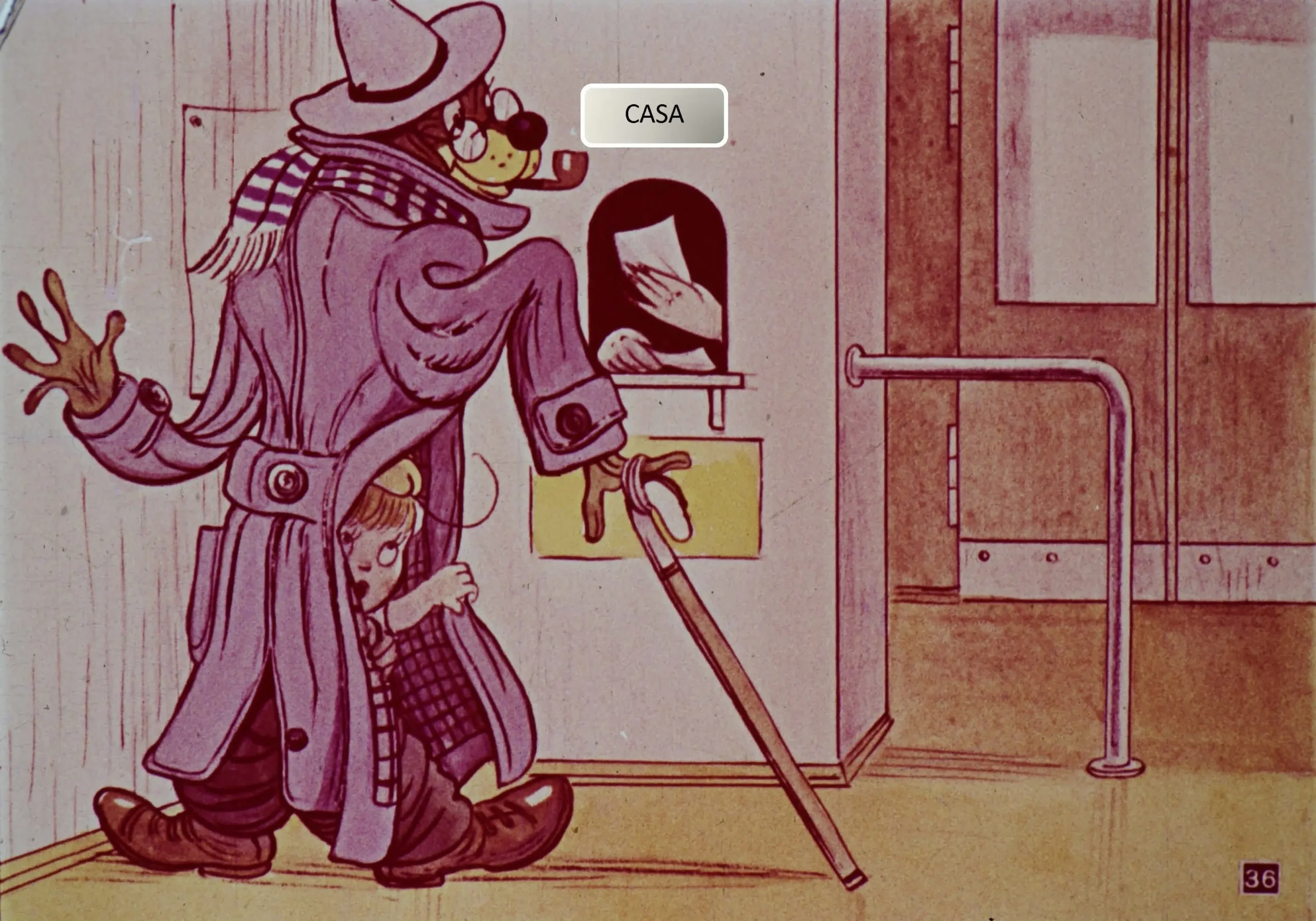 O ilustrație care arată un personaj îmbrăcat cu un palton lung, purtând o pălărie, care se află lângă un ghișeu, cu un copil ascuns în spatele său.