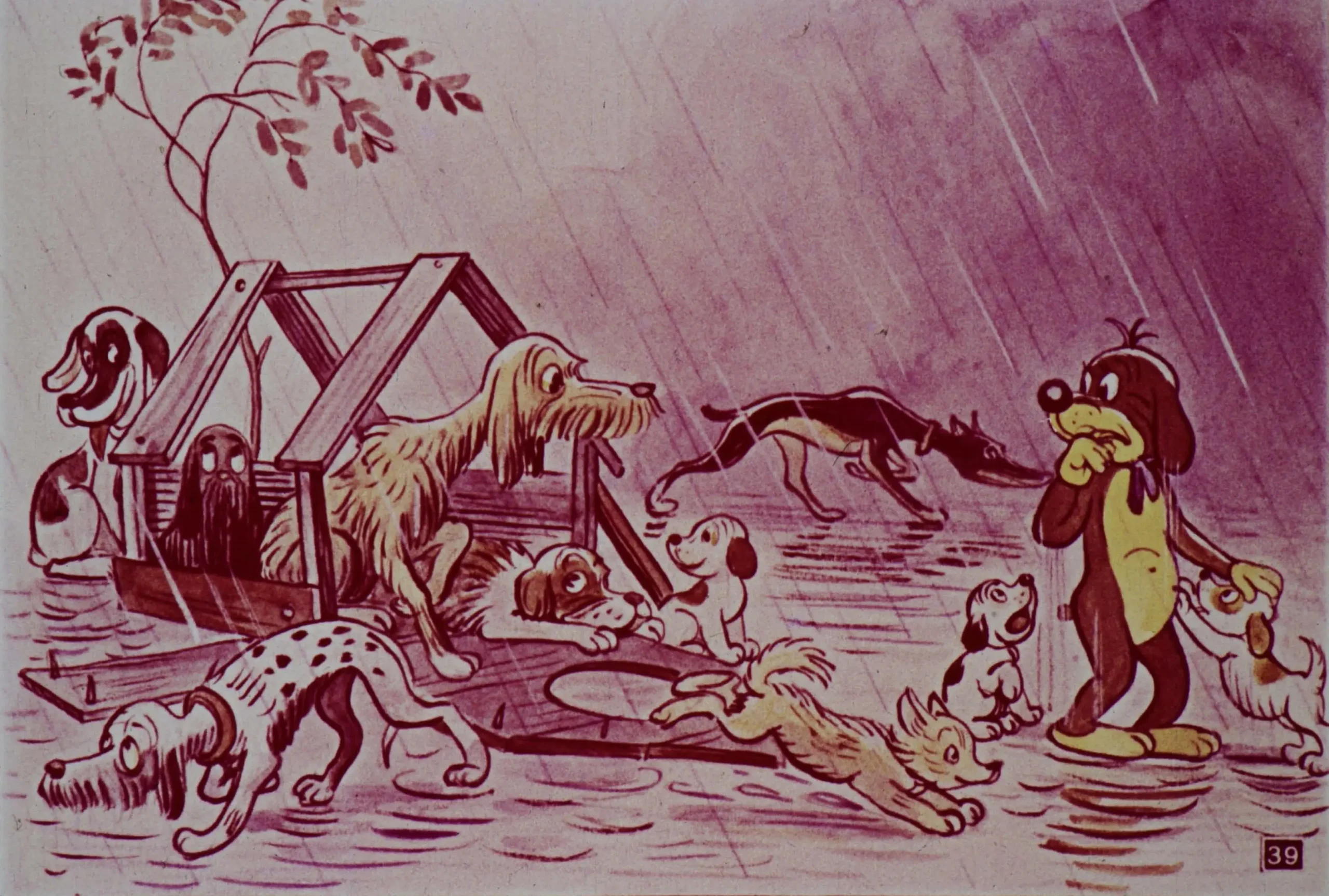 O scenă animată cu mai multe câini adunați pe o platformă în mijlocul unei ploi torențiale, cu un personaj cățel care pare îngrijorat.