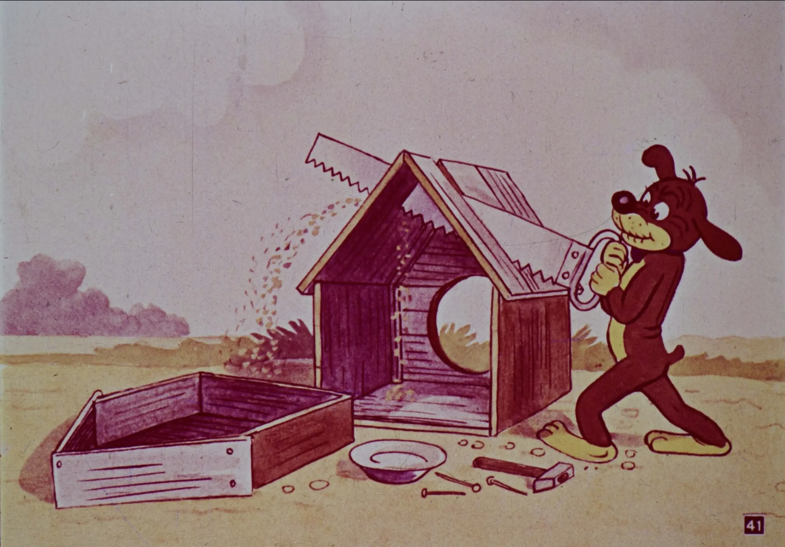 Câine care construiește o căsuță, folosind un feronerie și având un aspect muncitor.