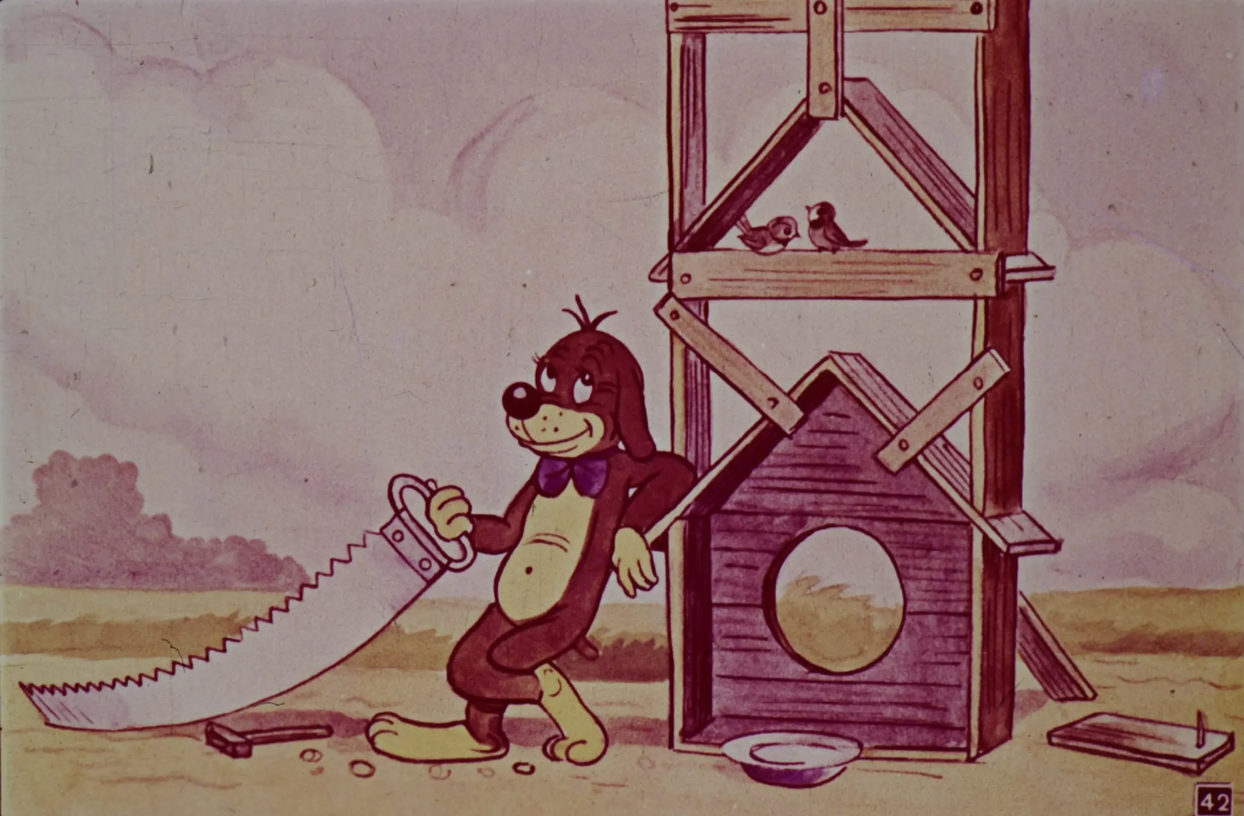 Desen animat cu un personaj care folosește un fierăstrău și lucrează la o căsuță pentru păsări.