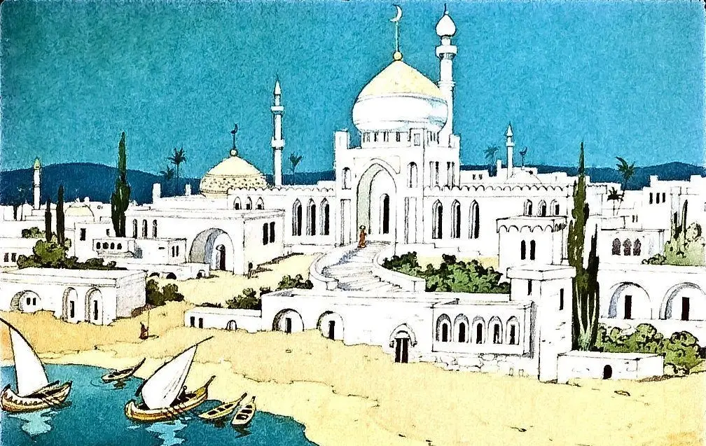 Ilustrație colorată a unei moschei albe cu o cupolă aurie, situată lângă o plajă, cu bărci pe apă și copaci verzi în fundal.