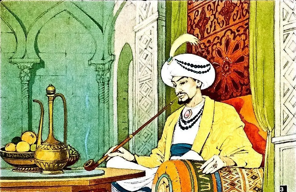 Imaginea unui bărbat îmbrăcat în haine tradiționale, stând pe un fotoliu, cu o pipă în mână, lângă o masă ce are un vas cu fructe și un carafa, într-un decor arhitectural cu motive orientale.