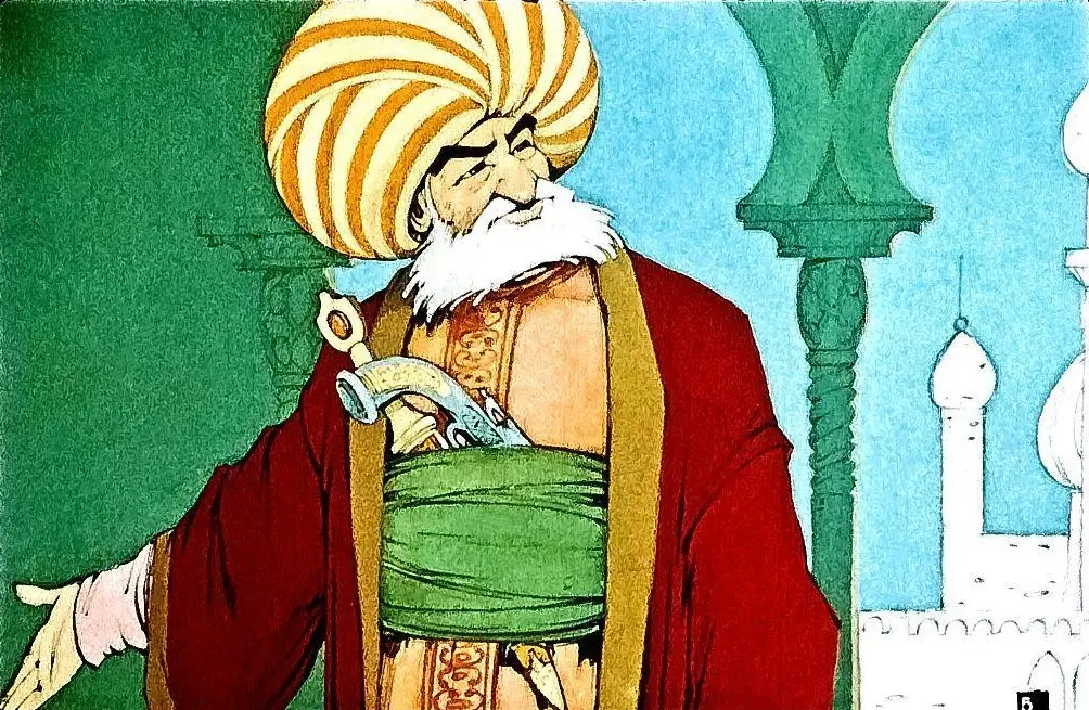 Ilustrație a unui bărbat cu turban și costum tradițional, ținând un obiect în mână, în fața unor clădiri stilizate.