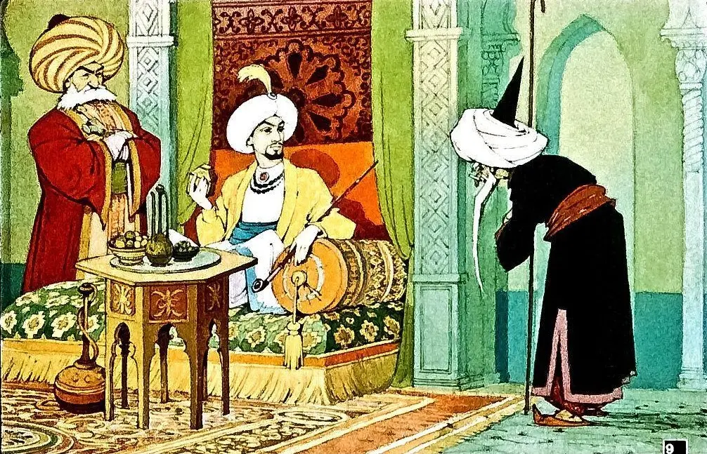 Ilustrație cu trei personaje, două stând în fața unui tron, iar unul se apleacă respectuos.