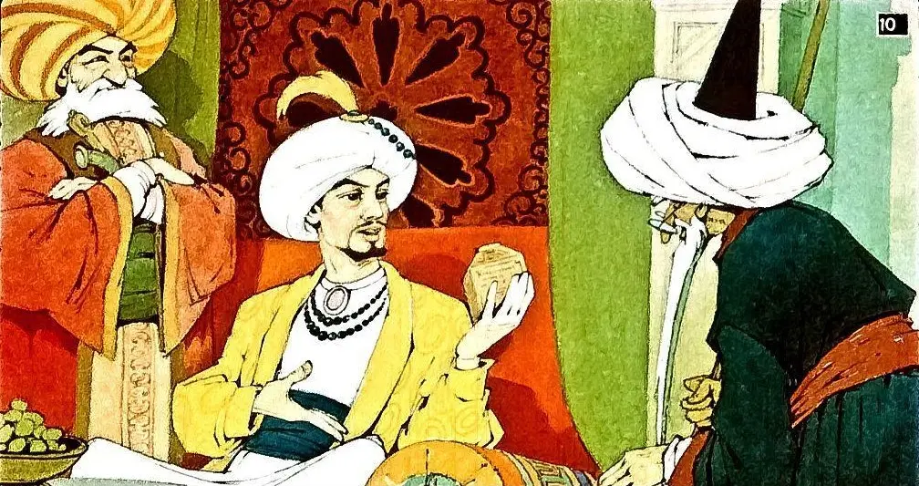 Ilustrație colorată cu trei bărbați îmbrăcați în costume tradiționale, unul stând pe un tron și ținând un obiect în mână, ceilalți doi stând în picioare, privindu-l.