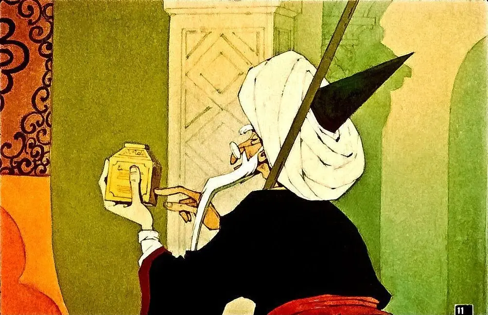 O ilustrație colorată cu un personaj purtând o pălărie și ținând un recipient, înfățișând o scenă artistică.