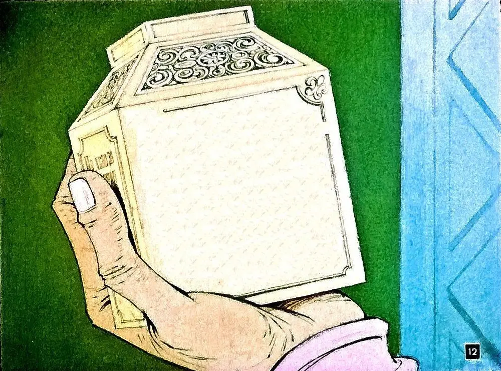 O mână care ține un borcan decorat, cu un text scris pe partea sa.