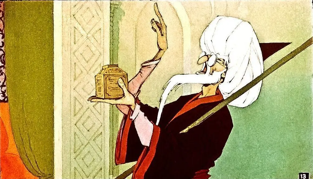 Un personaj animat cu bărbie lungă și păr alb, purtând o robesă, ține o cutie în mână, în timp ce arată spre ea.