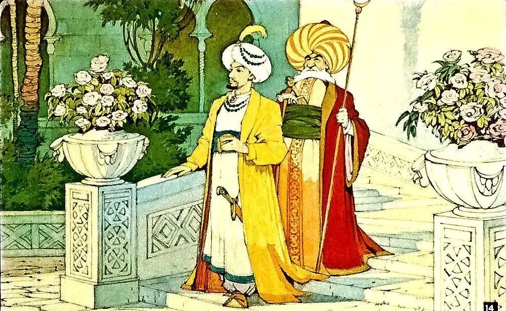 Două personaje îmbrăcate în costume tradiționale stau într-o grădină ornamentată, cu flori în vase.