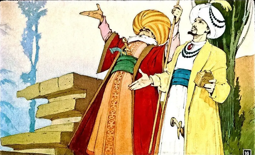 Două personaje îmbrăcate în costume tradiționale, unul cu o pălărie mare și altul cu o bijuterie, gesticulând într-un peisaj colorat.