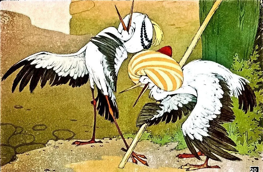 Ilustrație colorată cu două rățuște care interacționează în natură.